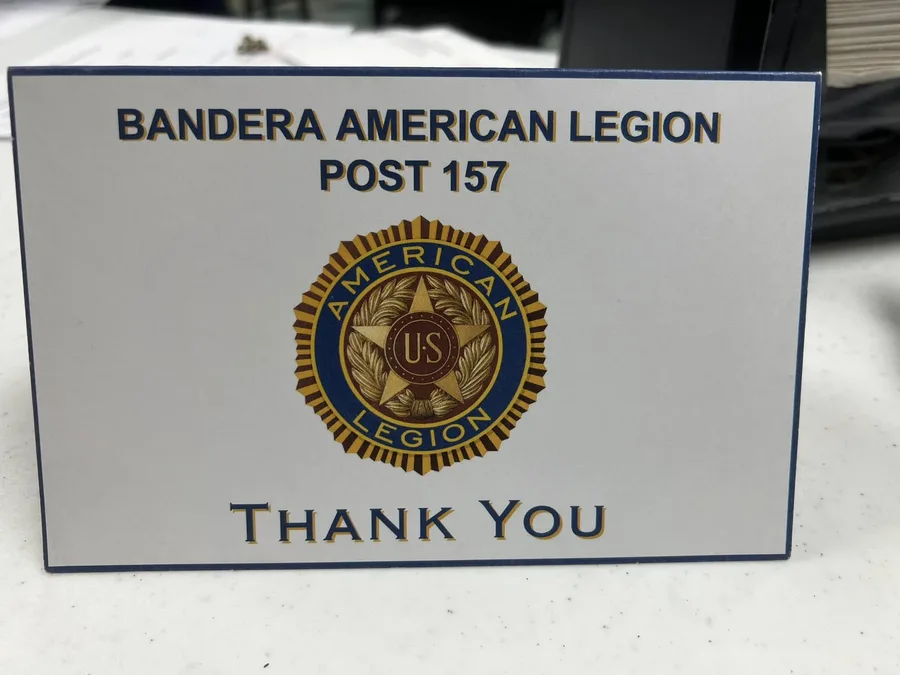 A thank-you card from Bandera American Legion Post 157.