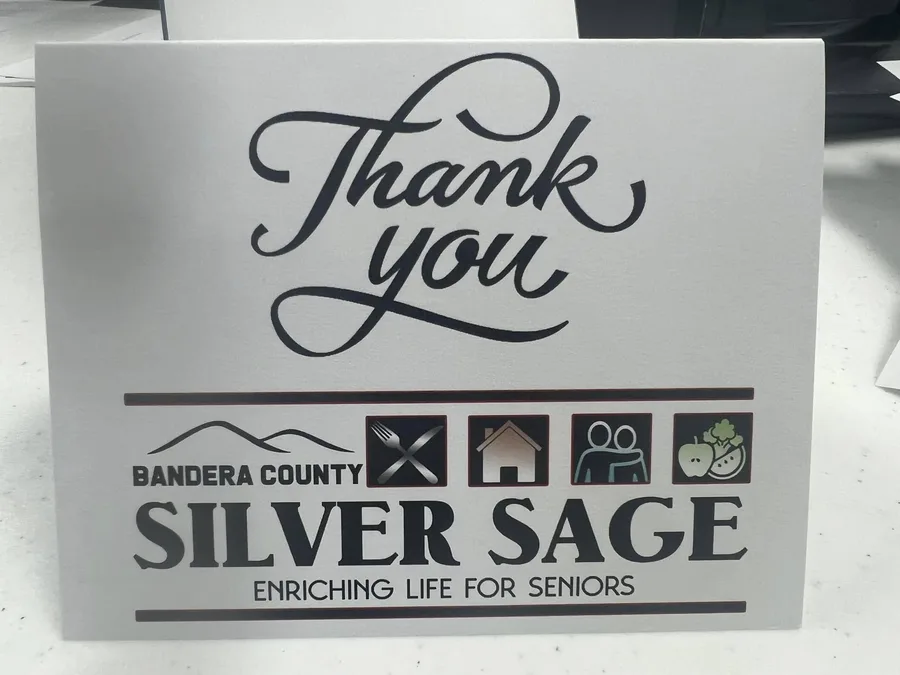 A thank-you card from Bandera County Silver Sage, Enriching Life for Seniors.